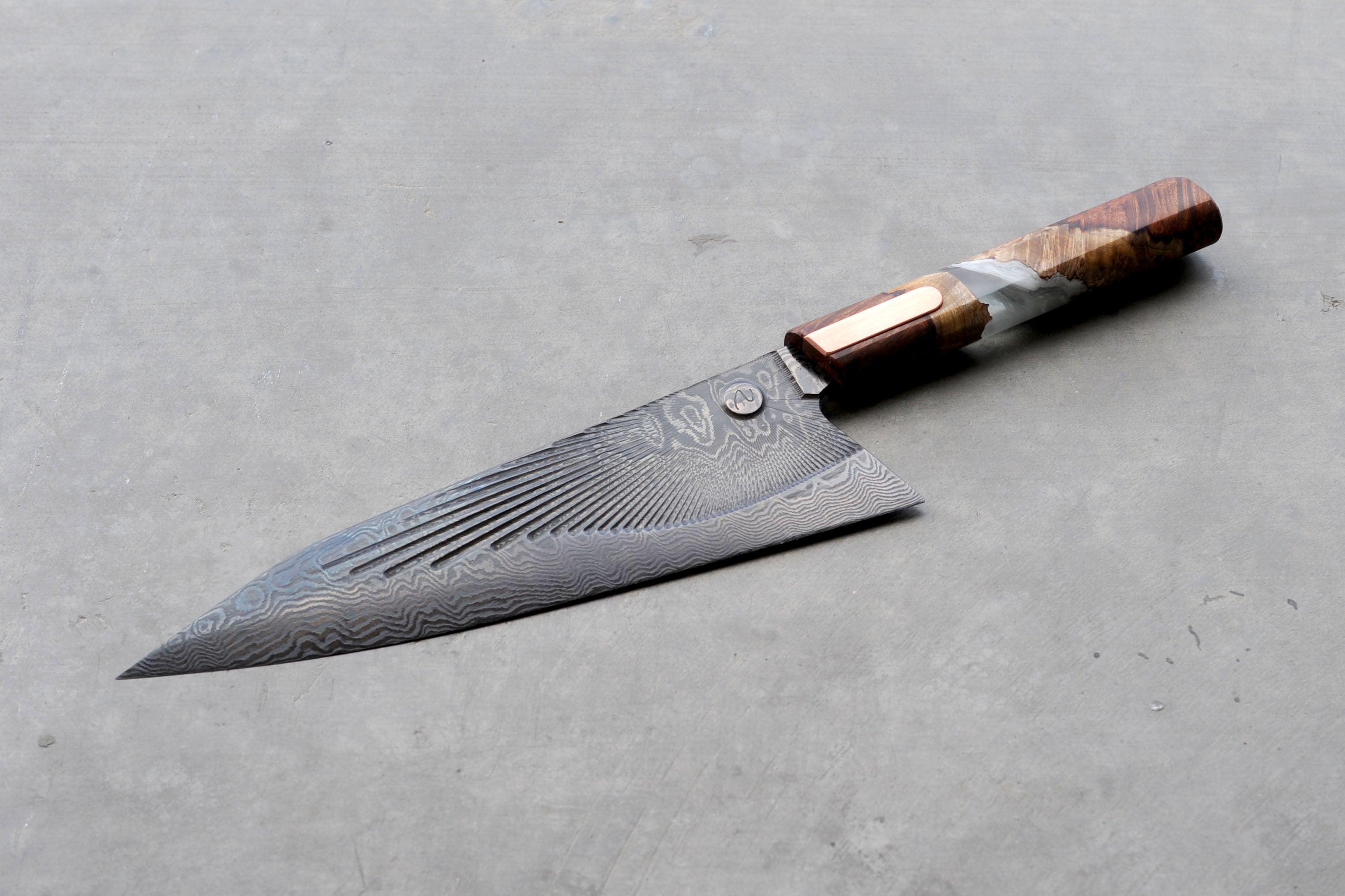 Amboyna burl & Copper Valkyrie gyuto -- Available September 23, 10AM Pacific