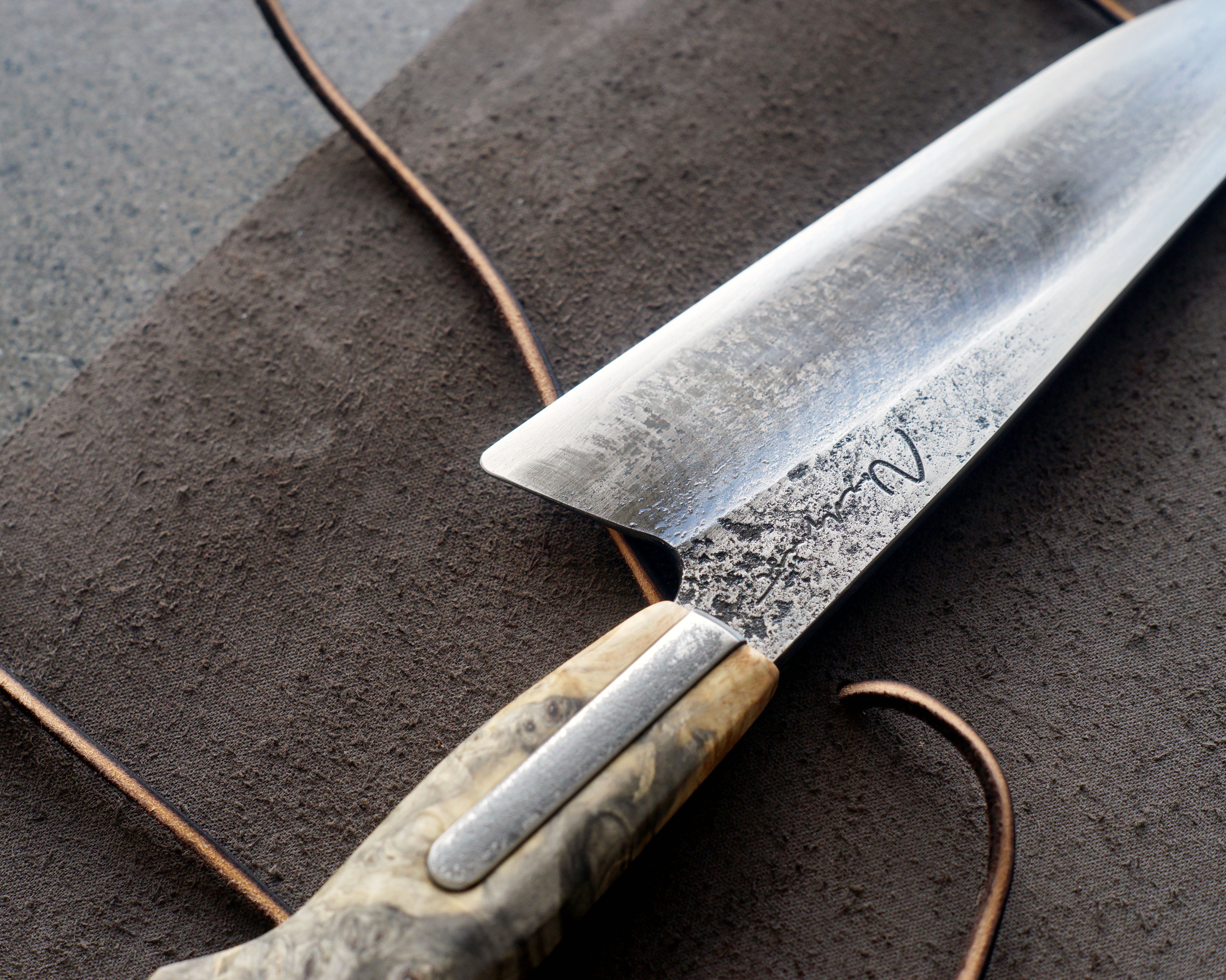 Distressed Buckeye Burl Chef's S-Grind Knife