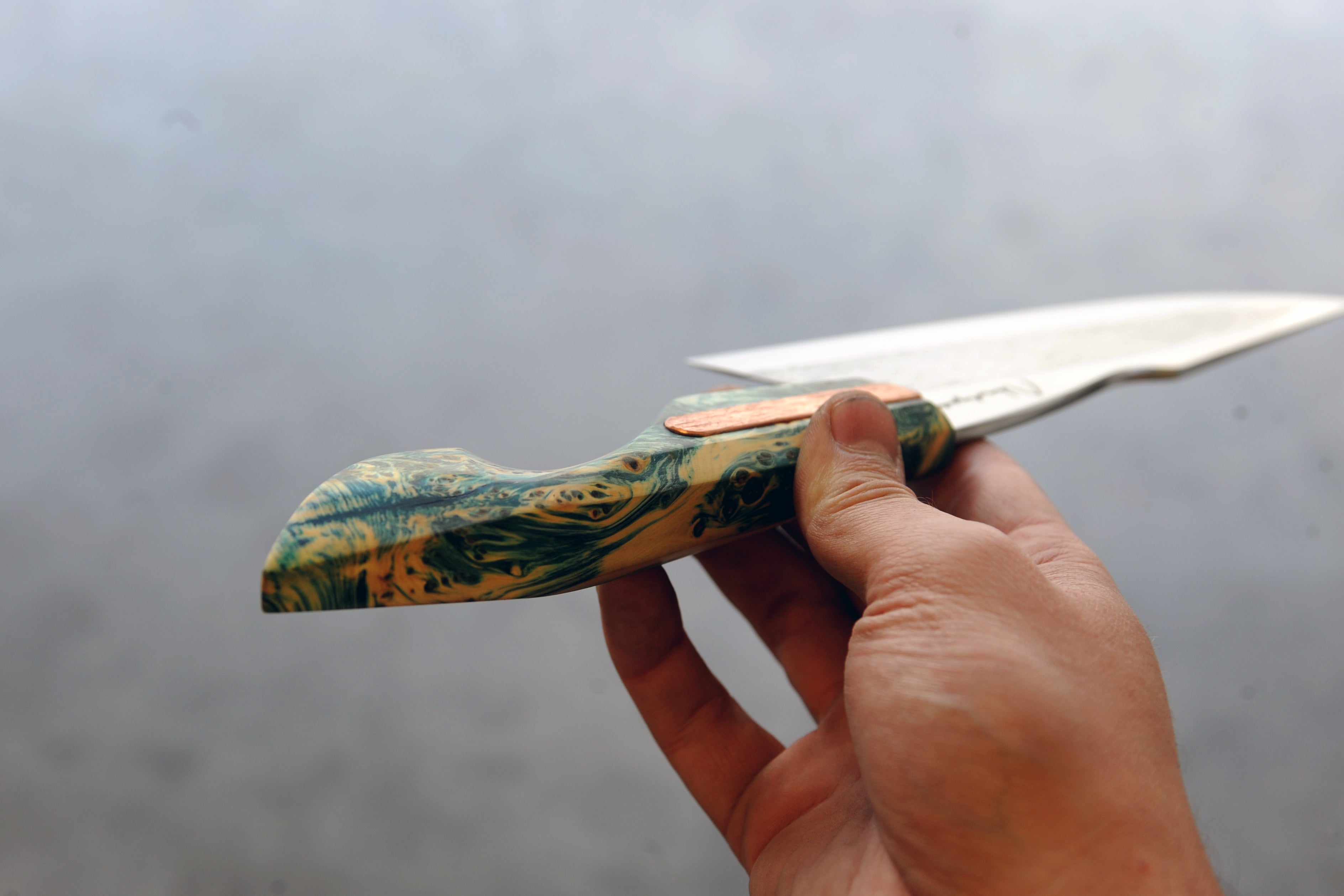Yellow Cedar Burl & Copper AEB-L Stainless Steel S-Grind Chef's Knife
