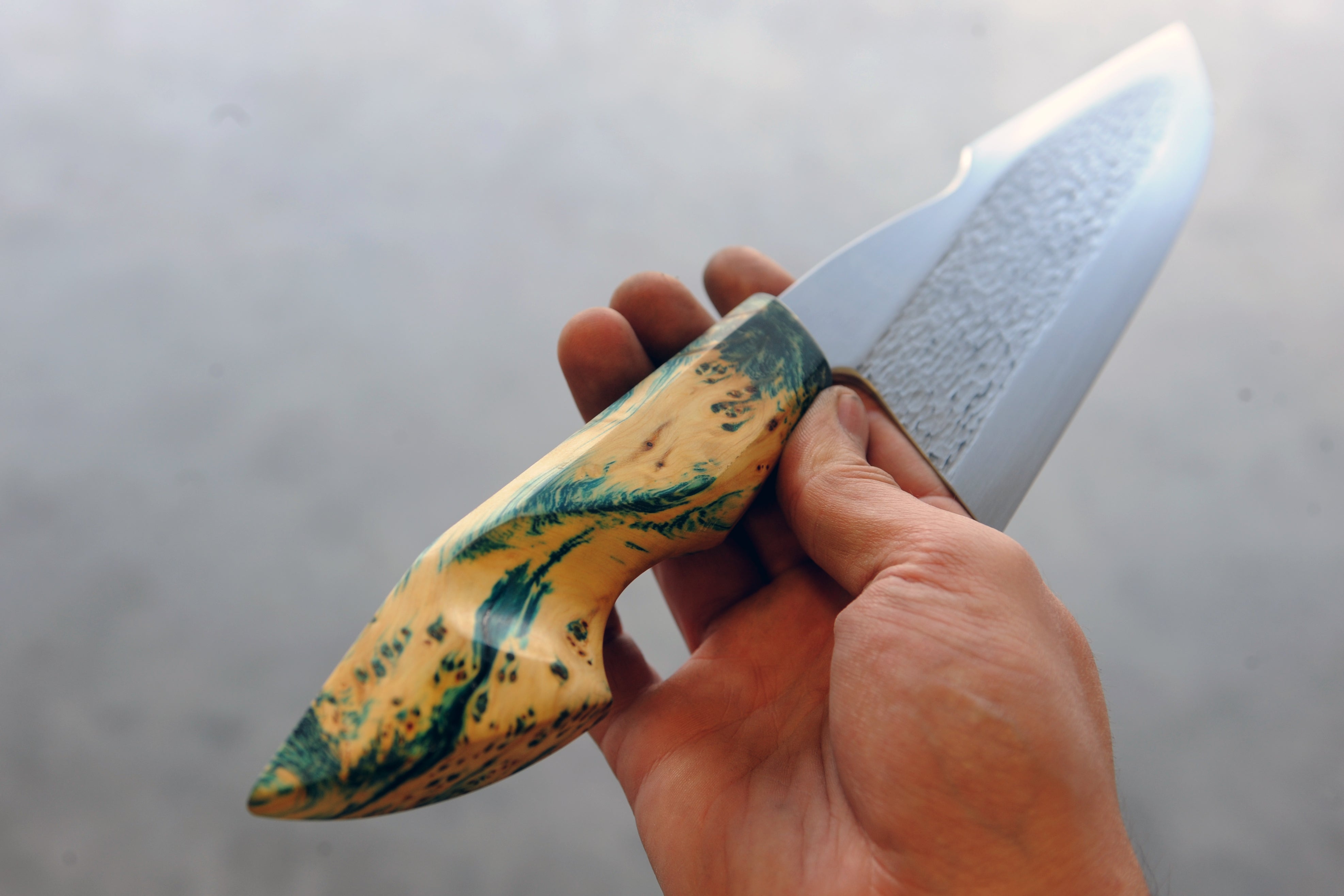 Yellow Cedar Burl & Copper AEB-L Stainless Steel S-Grind Chef's Knife