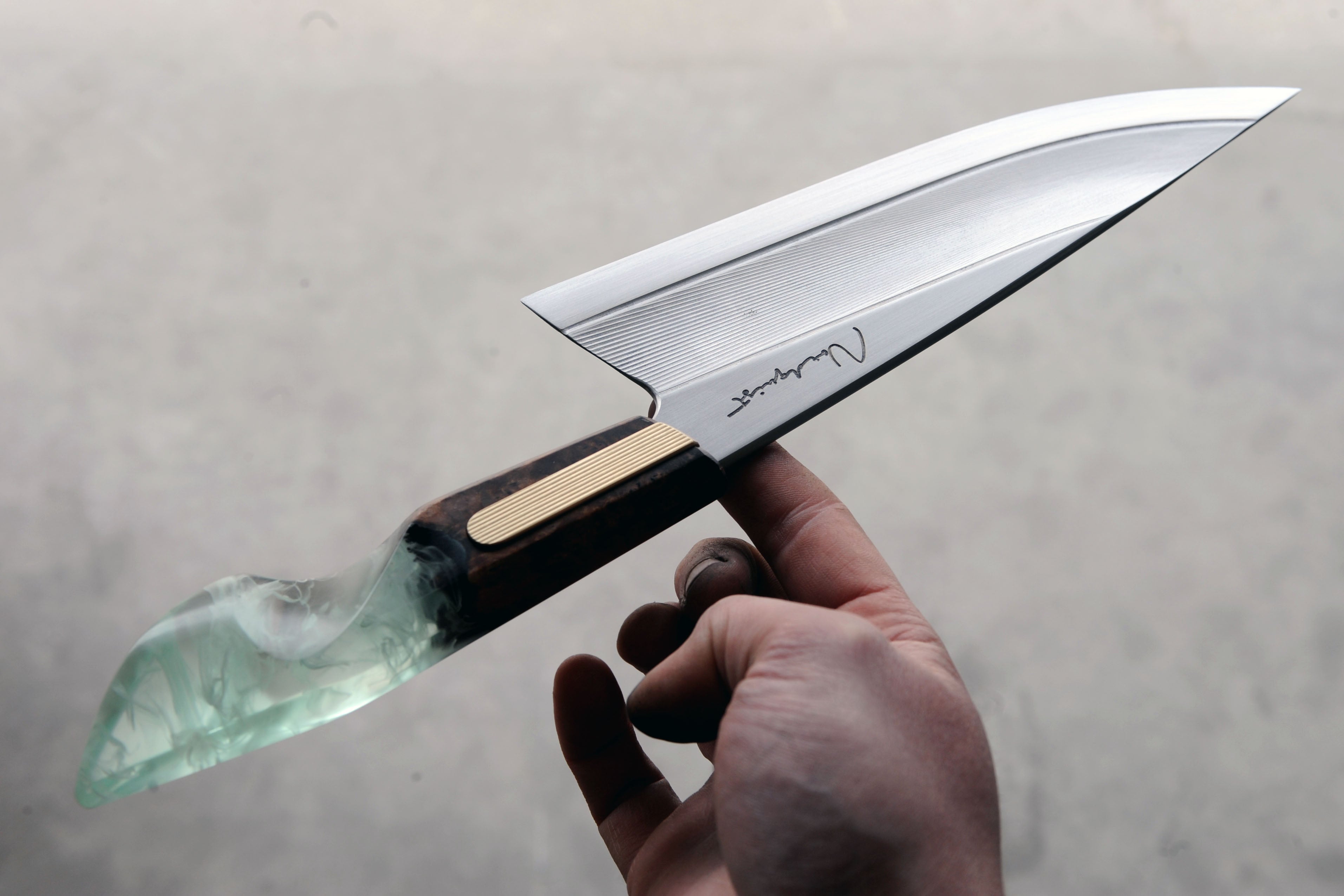 Chechen Burl & Brass S-Grind Chef's Knife