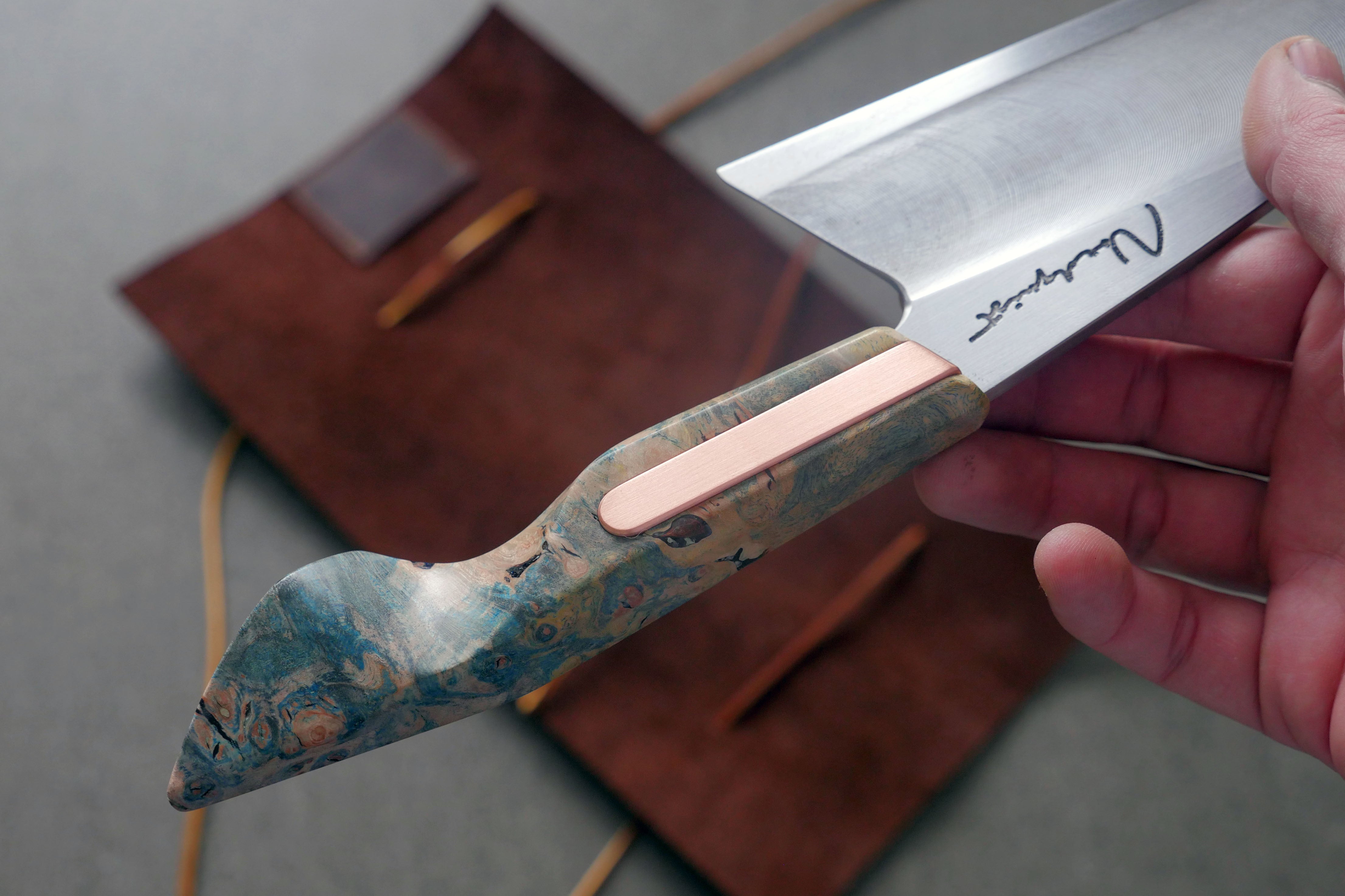 Maple Burl & Copper Harpoon Point S-Grind Chefs Knife